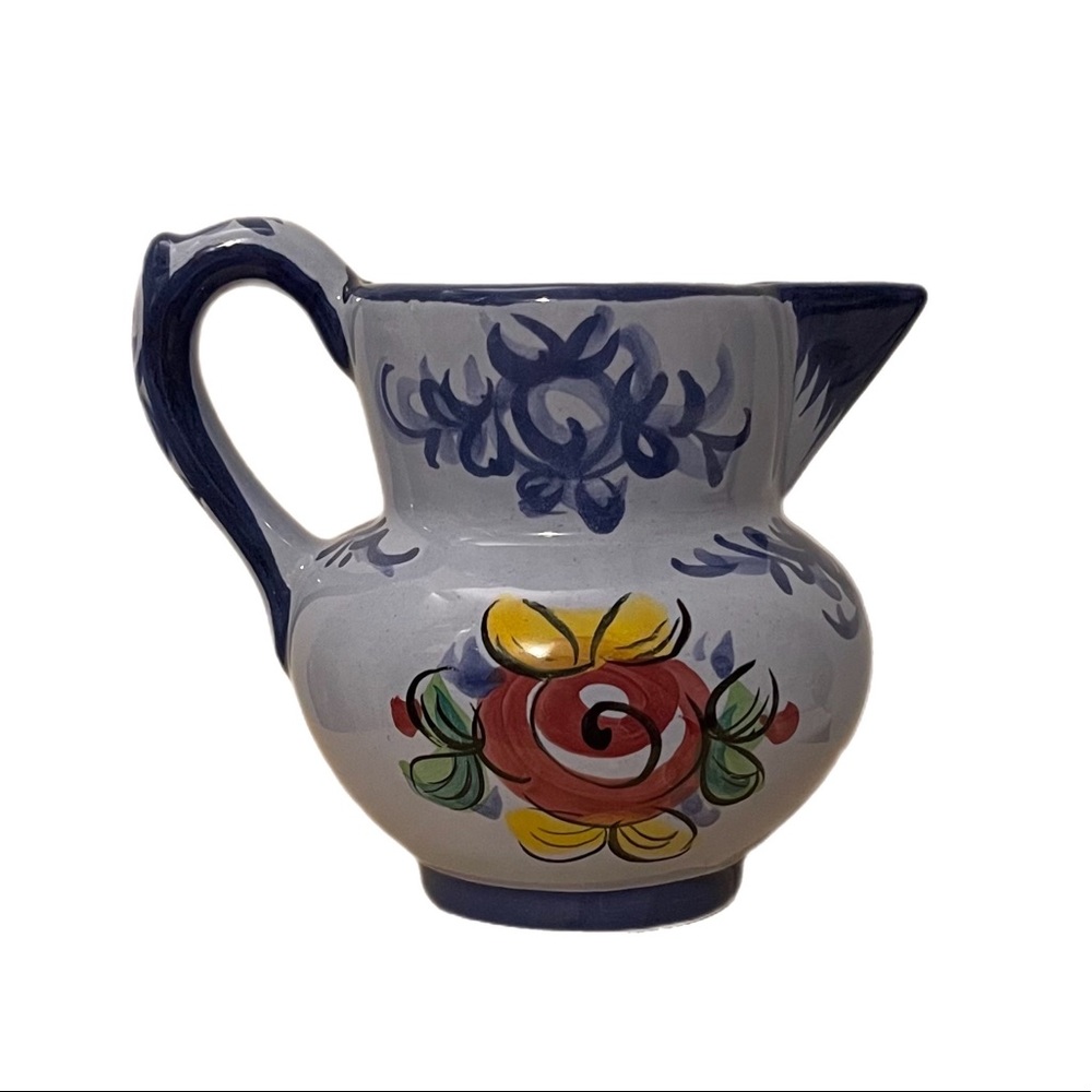 Vtg Vestal Alcobaco Portugal Pottery Blue Floral Creamer Pitcher #548